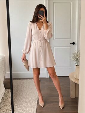Aritzia Babaton Minimalist Long Sleeve Button Front Mini Dress Blush Pink XXS